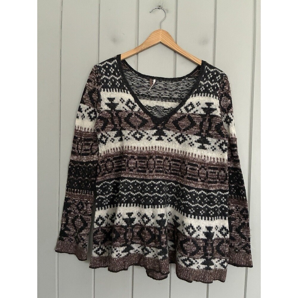 Free People Sweater M Medium Fair isle Cab Fever Tunic Swing Hem Brown V-Neck